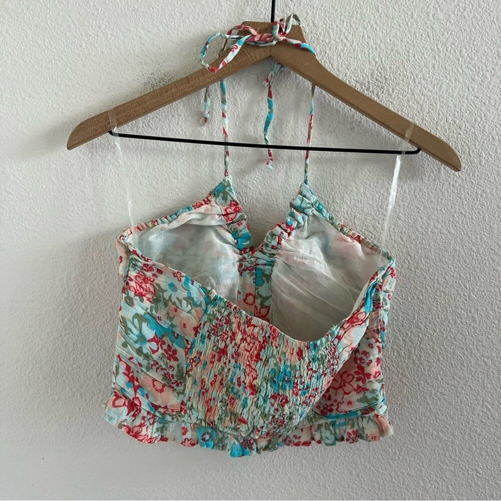 American Eagle Abstract Floral Halter Ruffle Ruched Back Smocked Small - Picture 2 of 8